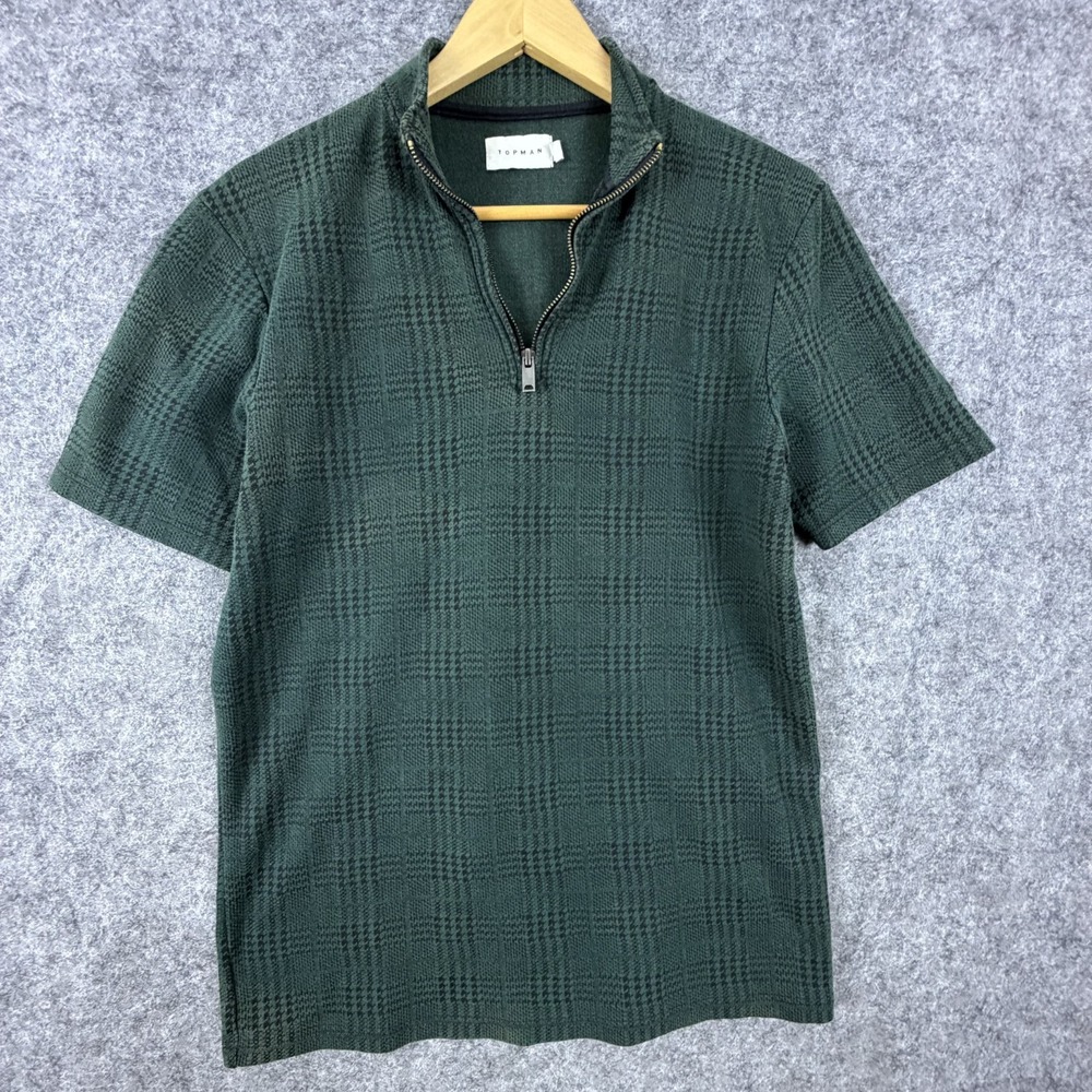 Topman Polo Shirt Men Medium Green Plaid Cotton Quarter Zip Tennis Sports Resort